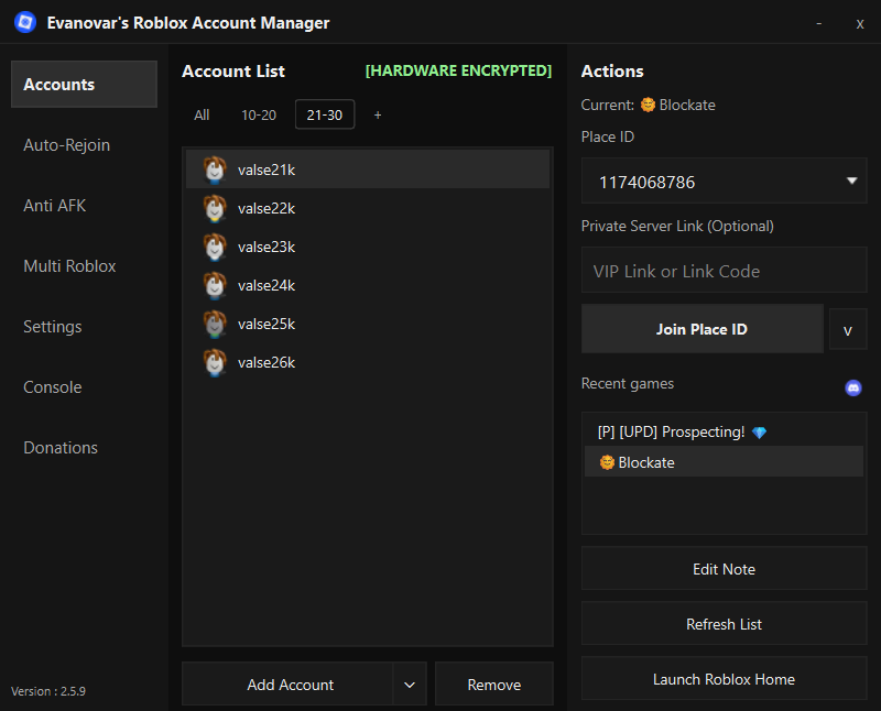 Evanovar's RAM - Accounts screen